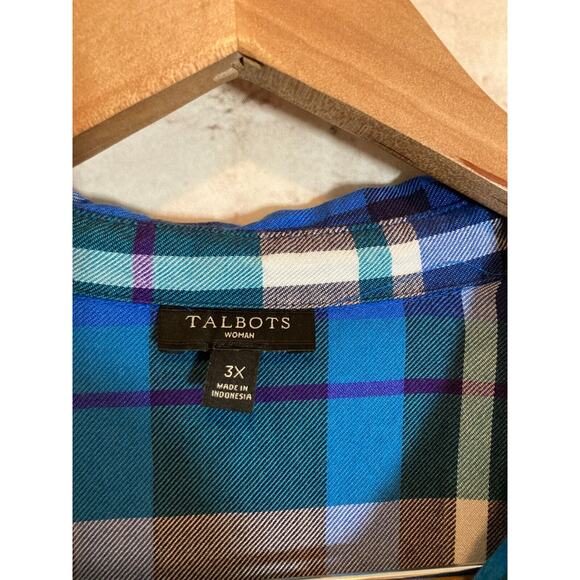 Talbots Top Womens 3X Cobalt Blue Plaid Button Up Lightweight Plus Long Sleeve - Picture 6 of 16